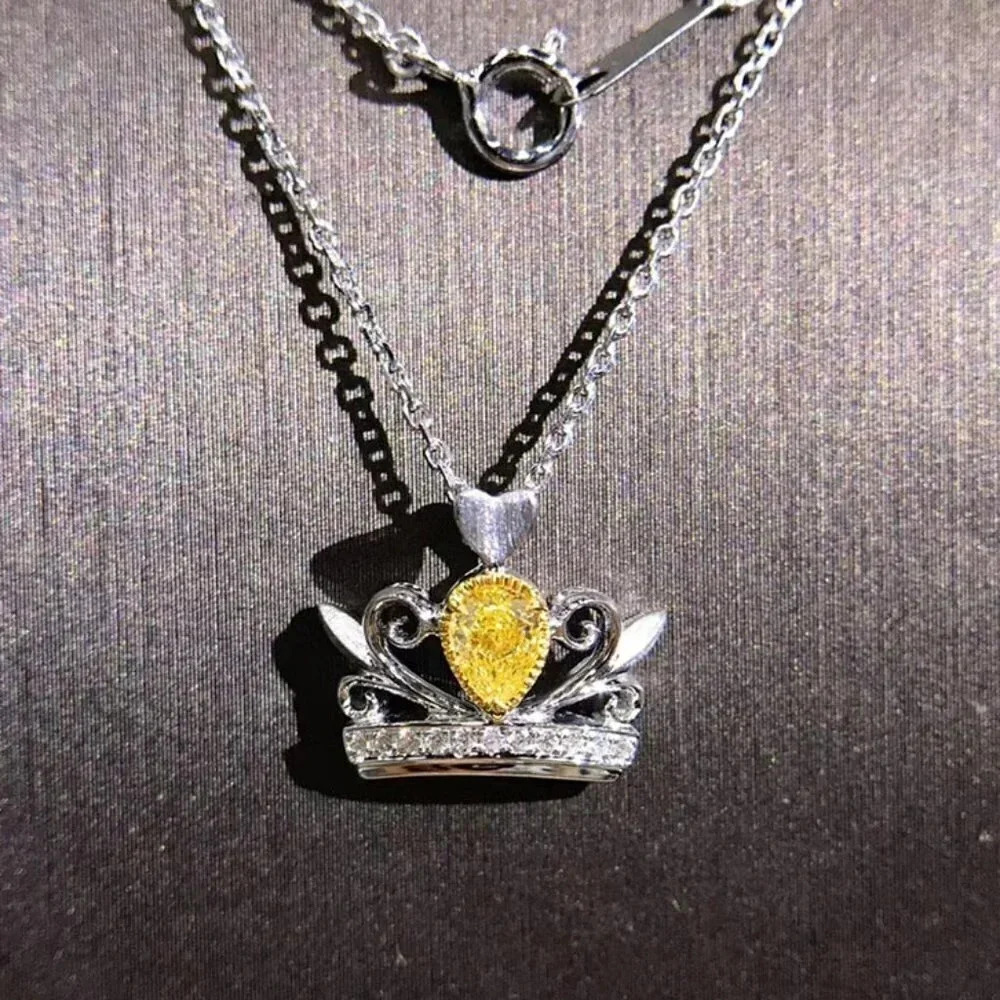 "Lovely Crown Shape Yellow Crystal Pur Pear Zircon Silver Necklace, UNVN12409 - Picture 3 of 3